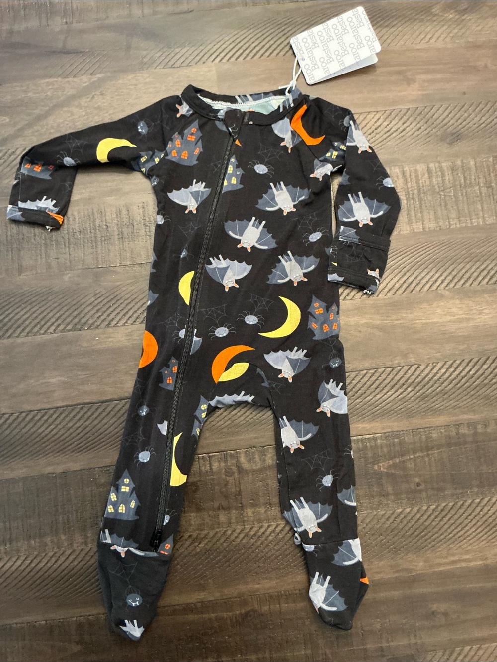 Bestaroo Zip-Front Footed One-Piece in Black with Bat & Moon Print spooky nights